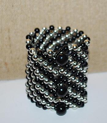 Large BLACK & SILVER BEADED Elastic BRACELET (2¾" Opening) with 3 Half Globe CLOSURE BEADS AND LOOPS