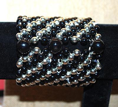 Large BLACK & SILVER BEADED Elastic BRACELET (2¾" Opening) with 3 Half Globe CLOSURE BEADS AND LOOPS