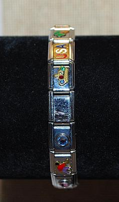 Bejeweled Segmented Elastic BRACELET (2¼" Opening) with Charms-Style Panels of "Mom, Friend, USA, Etc.
