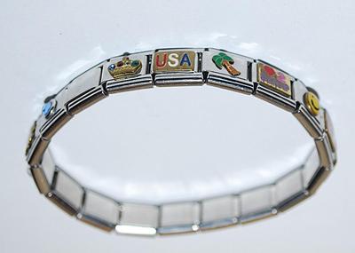 Bejeweled Segmented Elastic BRACELET (2¼" Opening) with Charms-Style Panels of "Mom, Friend, USA, Etc.