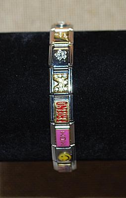 Bejeweled Segmented Elastic BRACELET (2¼" Opening) with Charms-Style Panels of "Mom, Friend, USA, Etc.