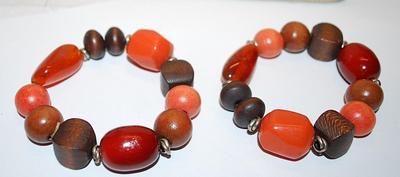 Collection of 2 Orange, Brown, Coral & Amber Elastic BRACELETS (2¼" Opening) with Both Wood / Acrylic Beads and Metal Spacers