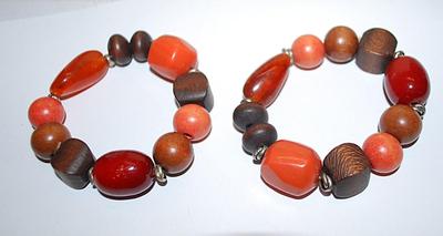 Collection of 2 Orange, Brown, Coral & Amber Elastic BRACELETS (2¼" Opening) with Both Wood / Acrylic Beads and Metal Spacers