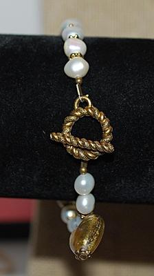 Beautiful White Faux PEARLS BRACELET (2" Opening) with Brushed Gold-Tone HEART, Spacers and Toggle Clasp
