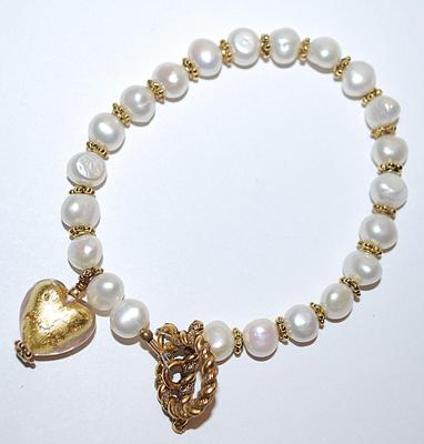 Beautiful White Faux PEARLS BRACELET (2" Opening) with Brushed Gold-Tone HEART, Spacers and Toggle Clasp