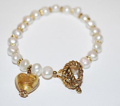 Beautiful White Faux PEARLS BRACELET (2" Opening) with Brushed Gold-Tone HEART, Spacers and Toggle Clasp