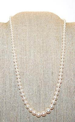 White Faux Reducing Size PEARLS NECKLACE with Gold Tone SNAP-Style Lobster Clasp