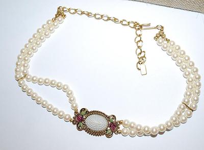 Beautiful Marked "1928 ©" NECKLACE with Gorgeous "Pearls, Red Roses and Green Leaves Style Pendant" and Double Strand...