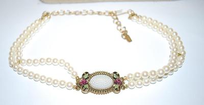 Beautiful Marked "1928 ©" NECKLACE with Gorgeous "Pearls, Red Roses and Green Leaves Style Pendant" and Double Strand...