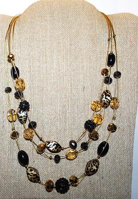 "Tiger-Style" BEADS NECKLACE with Multiple Gold Tone STRANDS of Amber & Black Accent Beads with a Lobster Clasp 20" L