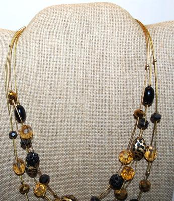 "Tiger-Style" BEADS NECKLACE with Multiple Gold Tone STRANDS of Amber & Black Accent Beads with a Lobster Clasp 20" L