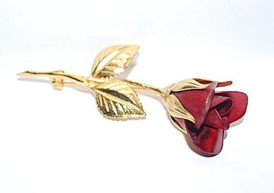 All Metal RED ROSE BROOCH (3" x 1") with Bright Gold Tone Leaves and Stem