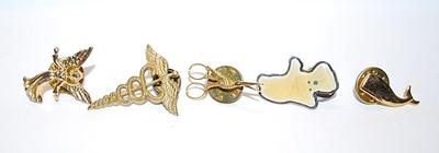 Collection of 5 STUD PINS including Gold Tone Whale, Angel & Scissor Bird