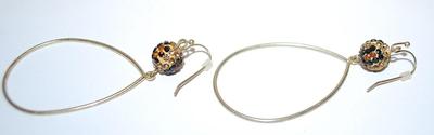 Large HOOP EARRINGS with Bejeweled Black & Amber Globes and Wire Hoop Clasp