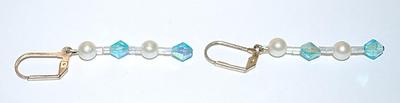 Faux Pearl Style DANGLE EARRINGS with Aquamarine Prism Stone Accents and Spring-Snap Clasp