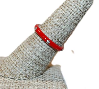 Size 8 Delicate RED Enamel Ring with 6 Accent Clear Stones on a Silver Tone Band (2.0g) - STACK ALL COLORS for a REAL IMPACT