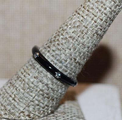 Size 8 Delicate black Enamel Ring with 6 Accent Clear Stones on a Silver Tone Band (2.2g) - STACK ALL COLORS for a REAL IMPACT