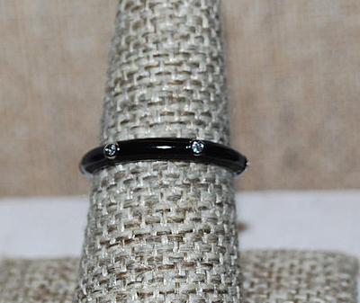 Size 8 Delicate black Enamel Ring with 6 Accent Clear Stones on a Silver Tone Band (2.2g) - STACK ALL COLORS for a REAL IMPACT