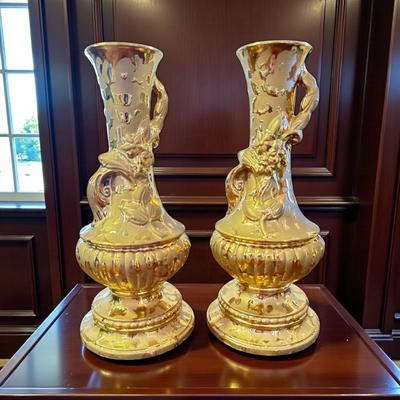 Pair Decorative Ewers / Vases Heavy Gold Lustre