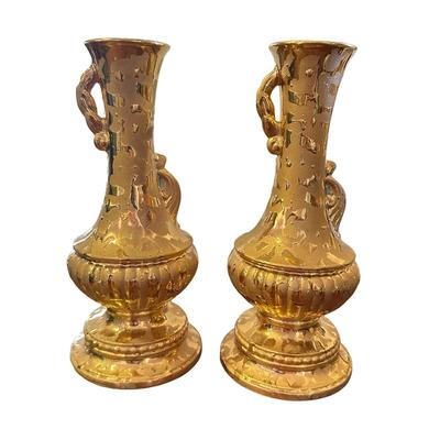 Pair Decorative Ewers / Vases Heavy Gold Lustre