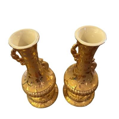 Pair Decorative Ewers / Vases Heavy Gold Lustre