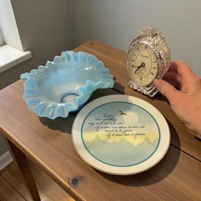 Lot of 3 Decor Items- Blue Ruffled Glass Candy Bowl, Plate and Glass Clock