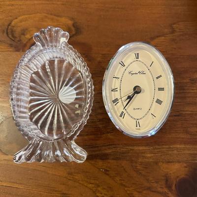 Lot of 3 Decor Items- Blue Ruffled Glass Candy Bowl, Plate and Glass Clock