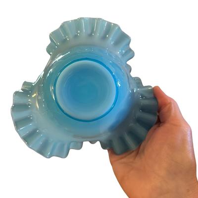 Lot of 3 Decor Items- Blue Ruffled Glass Candy Bowl, Plate and Glass Clock