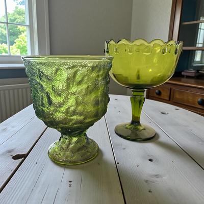 Pair Vintage MCM Green Glass Pedestal Vases/Compote/Candy Dishes, Unmarked