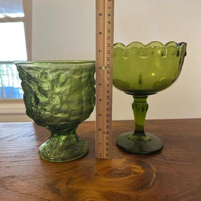 Pair Vintage MCM Green Glass Pedestal Vases/Compote/Candy Dishes, Unmarked