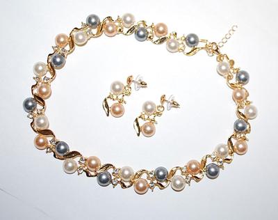 Pearl-Style Gray, Pink & White Half-Globes NECKLACE (15" L) & EARRINGS JEWELRY SET with Bejeweled Gold Tone Setting, Lobster...