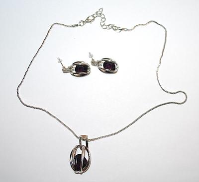 Large "Caged" Deep PURPLE Square Stone Combo PENDANT/NECKLACE (18" L) & EARRINGS JEWELRY SET with Bejeweled Silver...