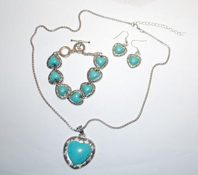Blue "Cracked Heart" JADE-STYLE Combo PENDANT/ NECKLACE (24" L) & BRACELET (Toggle) & EARRINGS JEWELRY SET with...