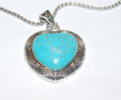 Blue "Cracked Heart" JADE-STYLE Combo PENDANT/ NECKLACE (24" L) & BRACELET (Toggle) & EARRINGS JEWELRY SET with...