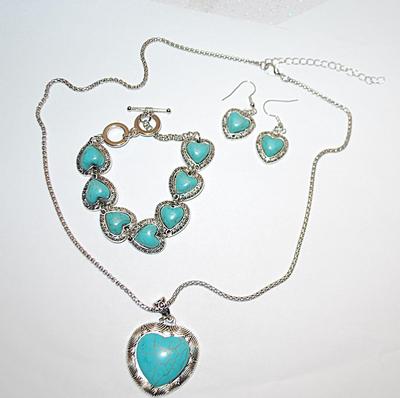 Blue "Cracked Heart" JADE-STYLE Combo PENDANT/ NECKLACE (24" L) & BRACELET (Toggle) & EARRINGS JEWELRY SET with...