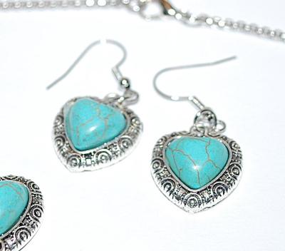 Blue "Cracked Heart" JADE-STYLE Combo PENDANT/ NECKLACE (24" L) & BRACELET (Toggle) & EARRINGS JEWELRY SET with...