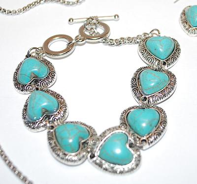 Blue "Cracked Heart" JADE-STYLE Combo PENDANT/ NECKLACE (24" L) & BRACELET (Toggle) & EARRINGS JEWELRY SET with...