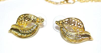 Gold Colored Bejeweled LEAVES Combo PENDANT/NECKLACE (15" L) & EARRINGS JEWELRY SET with Filagree + Stones Gold Tone Setting,...