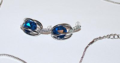 Large "Caged" Deep BLUE Square Stone Combo PENDANT/NECKLACE (18" L) & EARRINGS JEWELRY SET with Bejeweled Silver Tone...