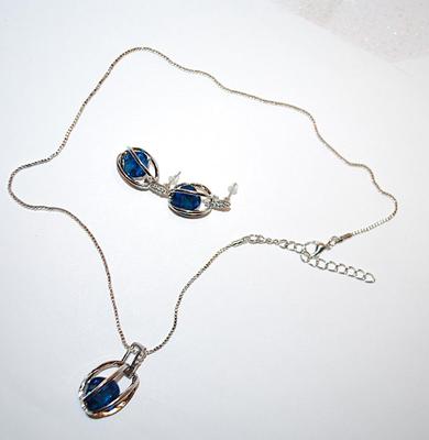 Large "Caged" Deep BLUE Square Stone Combo PENDANT/NECKLACE (18" L) & EARRINGS JEWELRY SET with Bejeweled Silver Tone...