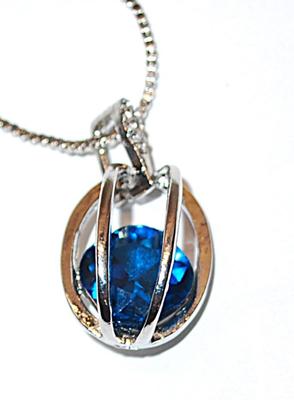 Large "Caged" Deep BLUE Square Stone Combo PENDANT/NECKLACE (18" L) & EARRINGS JEWELRY SET with Bejeweled Silver Tone...