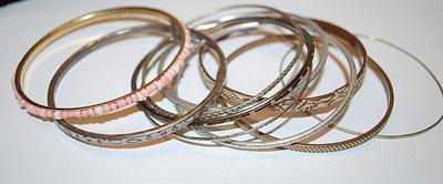 Collection of 10 BANGLE BRACELETS (-2½"+ Opening) with Gold & Silver Tones and Pink Beads