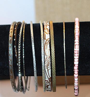 Collection of 10 BANGLE BRACELETS (-2½"+ Opening) with Gold & Silver Tones and Pink Beads