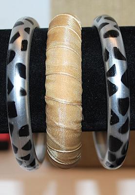 Collection of 3 BANGLE BRACELETS (2½" Opening) with 2 "Zebra Style" and 1 Wrapped in Glittery Beige Material