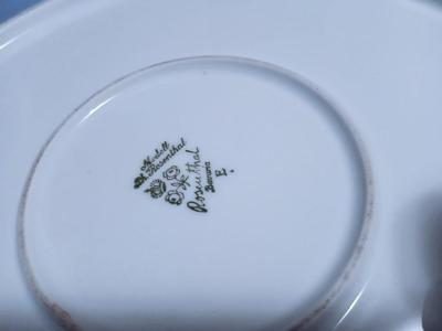 Sale Photo Thumbnail #74: White, Beaded Edge, Multicolor Flowers. Pattern Code: R R202.
Plate: Overall width 14 1/4", 1 1/2" high. Bowl: Overall width 14 1/4", 2 1/2" high.