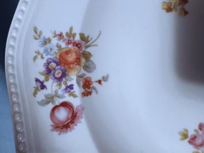 Sale Photo Thumbnail #77: White, Beaded Edge, Multicolor Flowers. Pattern Code: R R202.
Plate: Overall width 14 1/4", 1 1/2" high. Bowl: Overall width 14 1/4", 2 1/2" high.