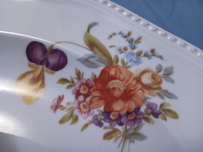 Sale Photo Thumbnail #78: White, Beaded Edge, Multicolor Flowers. Pattern Code: R R202.
Plate: Overall width 14 1/4", 1 1/2" high. Bowl: Overall width 14 1/4", 2 1/2" high.