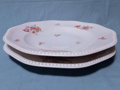 Sale Photo Thumbnail #71: White, Beaded Edge, Multicolor Flowers. Pattern Code: R R202.
Plate: Overall width 14 1/4", 1 1/2" high. Bowl: Overall width 14 1/4", 2 1/2" high.