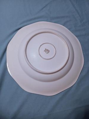 Sale Photo Thumbnail #79: White, Beaded Edge, Multicolor Flowers. Pattern Code: R R202.
Plate: Overall width 14 1/4", 1 1/2" high. Bowl: Overall width 14 1/4", 2 1/2" high.