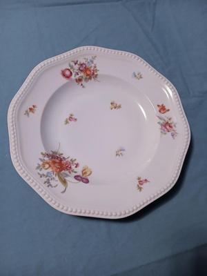 Sale Photo Thumbnail #76: White, Beaded Edge, Multicolor Flowers. Pattern Code: R R202.
Plate: Overall width 14 1/4", 1 1/2" high. Bowl: Overall width 14 1/4", 2 1/2" high.